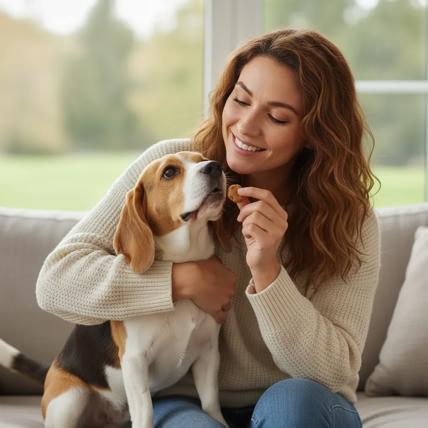 Девушка с собакой и лакомством